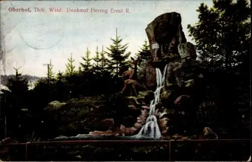 Ak Oberhof im Thüringer Wald, Herzog Ernst II Denkmal, zwei Rehe, Tannenbäume, Wasserfall