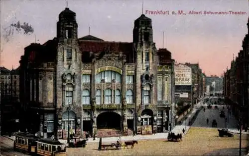 Ak Frankfurt am Main, Albert Schumann-Theater, Straßenbahn