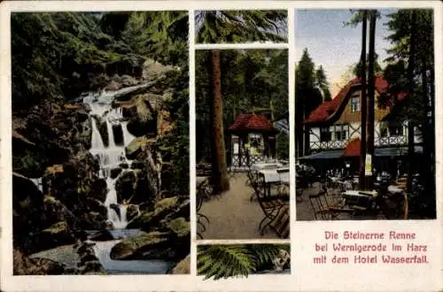 Ak Wernigerode im Harz, Die Steinerne Renne bei Wernigerode im Harz mit dem Hotel Wasserfall.