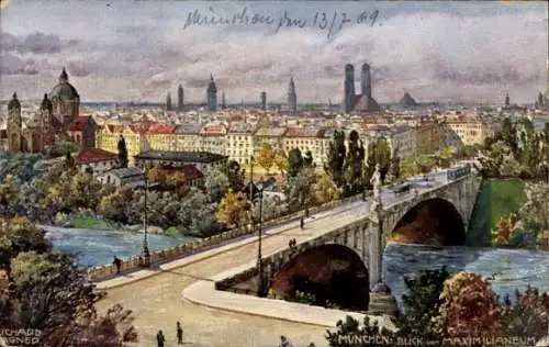Ak München Bayern, Blick auf das Maximilianeum, Isar, Maximiliansbrücke, Türme der Frauenkirch...