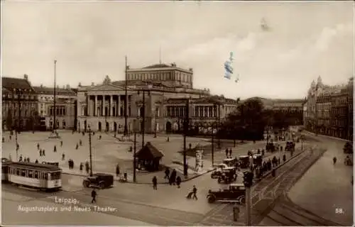 Ak Leipzig, Augustusplatz, Neues Theater, Straßenbahn