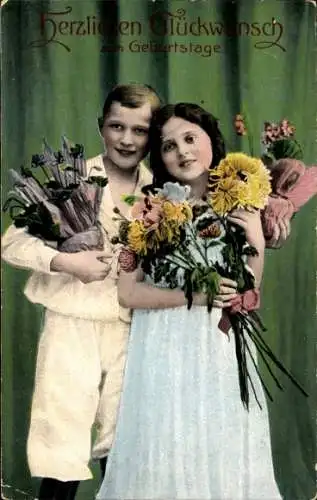 Ak Glückwunsch Geburtstag, Gratulanten, Blumenstrauß