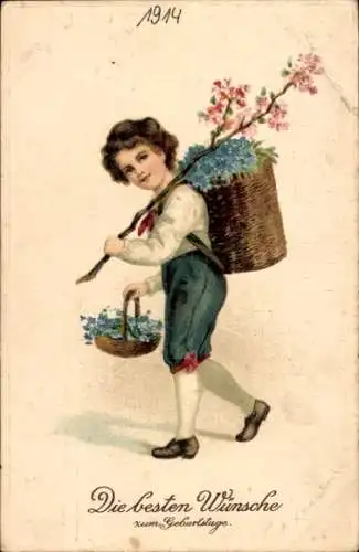 Präge Ak Glückwunsch Geburtstag, Kind, Korb, Blumen