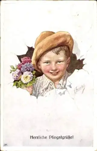Künstler Ak Feiertag, Karl, Glückwunsch Pfingsten, Portrait eines Jungen, Blumenstrauß