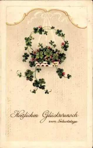 Präge Ak Glückwunsch Geburtstag, Glücksklee, Korb