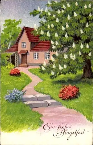 Ak Glückwunsch Pfingsten, Wohnhaus, Blumen, Blühender Baum