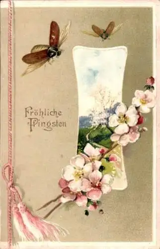 Präge Ak Glückwunsch Pfingsten, Maikäfer, Blumen