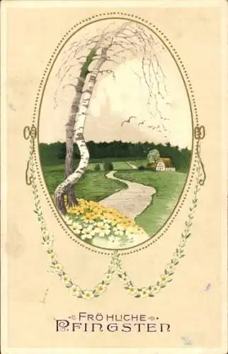 Präge Passepartout Ak Glückwunsch Pfingsten, Birke, Blumen, Haus