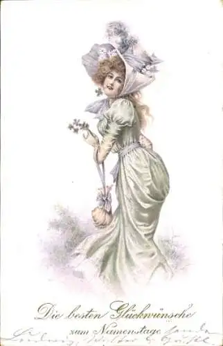 Litho Glückwunsch Namenstag, Gemaltes Frau-Porträt, Glücksklee