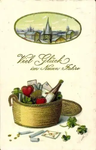 Präge Ak Glückwunsch Neujahr, Sektflasche, Glücksklee, Herzen, Schwein