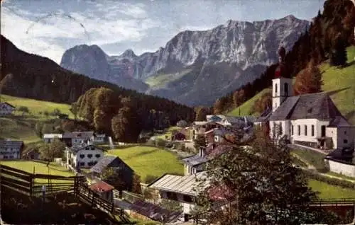 Ak Ramsau im Berchtesgadener Land Oberbayern, Teilansicht vom Ort, Kirche, Gebirge