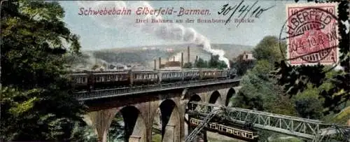 Ak Elberfeld Wuppertal, Sonnborner Brücke, Drei Bahnen, Schwebebahn