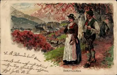 Künstler Litho Bergen, Fritz, Berchtesgaden in Oberbayern, Paar in bayrischen Trachten, Ortsansicht