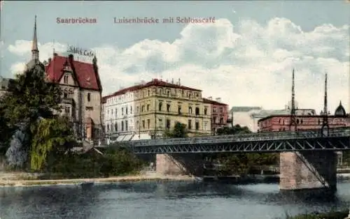 Ak Saarbrücken, Luisenbrücke, Schlosscafé