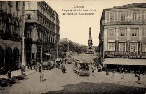 Ak Lisboa Lissabon Portugal, Largo de Camões, Praça dos Restauradores, Straßenbahn