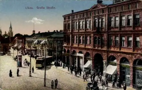 Ak Liepaja Libau Lettland, Große Straße, Gebäude, Straßenbahn