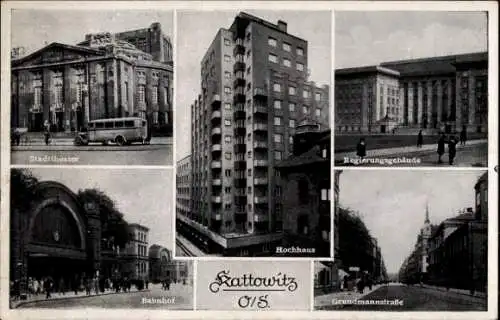 Ak Katowice Kattowitz Oberschlesien, Hochhaus, Grundmannstraße, Stadttheater, Bahnhof