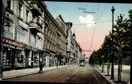 Ak Poznań Posen, Wilhelmplatz, Straßenbahn, Königliches Schloss, G. S. Kalamajski