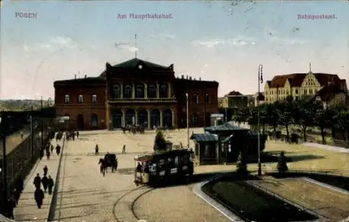 Ak Poznań Posen, Hauptbahnhof, Bahnpostamt, Straßenbahn