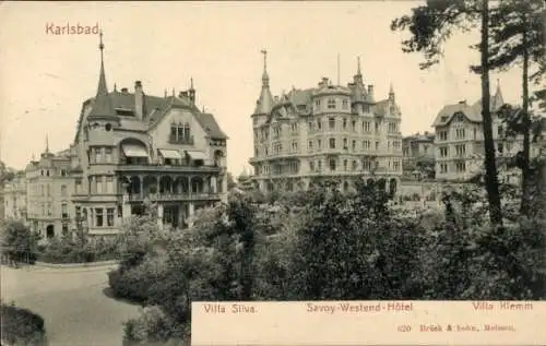 Ak Karlovy Vary Karlsbad Stadt, Villa Silva, Savoy-Westend-Hotel, Villa Klemm, historische Arc...