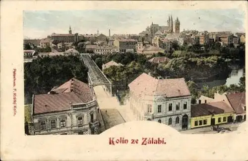 Ak Kolín Köln an der Elbe Mittelböhmen, Blick auf  Aussicht von Zálabí, farbige Darstellung