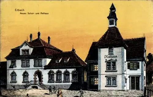 Ak Erbach im Odenwald Hessen, Neues Schul- und Rathaus, historische Architektur, farbige Darst...