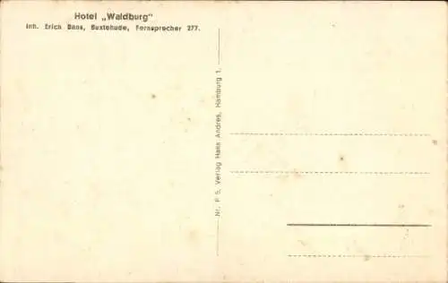 Ak Buxtehude in Niedersachsen, Hotel Waldburg, Gebäude mit tellergroßen Fenstern, Bäume im Vor...