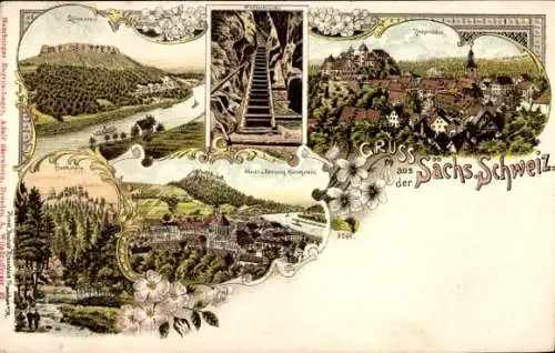 Litho Königstein an der Elbe Sächsische Schweiz, Hohnstein, Lilienstein, Hockstein, Wolfsschlucht