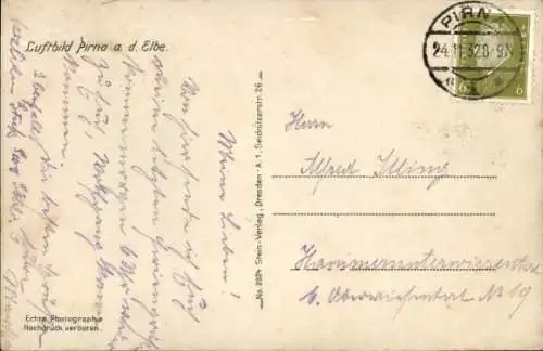 Ak Pirna an der Elbe, Luftbild von Pirna a. d. Elbe, Stadtansicht, Fluss, Brücke