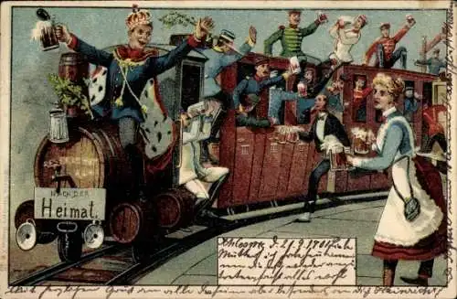 Litho Soldaten im Zug in die Heimat, Bierkrüge, Kellnerin am Bahnhof