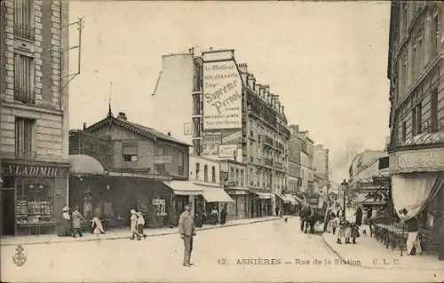 Ak Asnières sur Seine Hauts-de-Seine, Stadtansicht, Rue de la Station, Werbung, historische Ge...