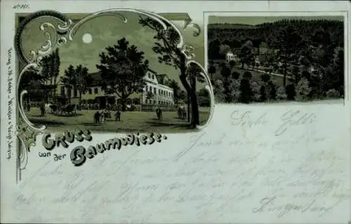 Mondschein Litho Boxdorf Moritzburg in Sachsen, Baumwiese, Bahnwiese