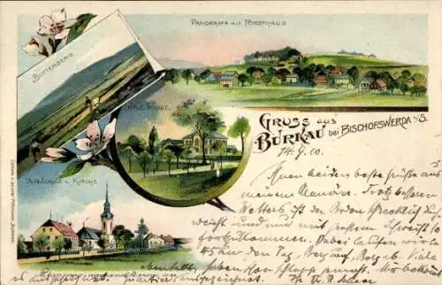 Litho Burkau in Sachsen, Panorama, Forsthaus, Butterberg, Alte Schule und Kirche, neue Schule 
