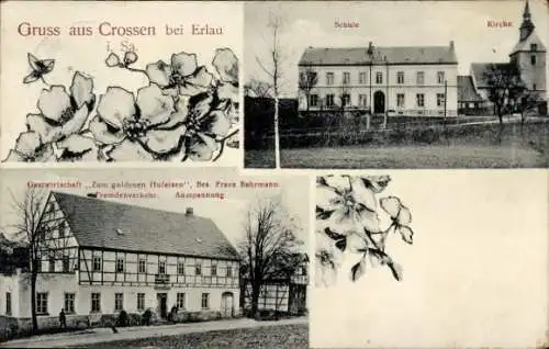 Ak Crossen Erlau Landkreis Mittelsachen, Schule, Gastwirtschaft zum goldenen Hufeisen, Bahrmann