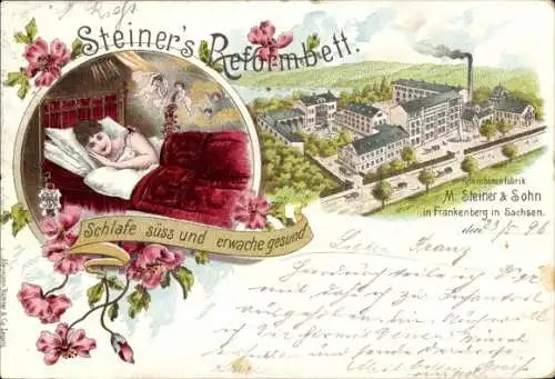 Ak Frankenberg in Sachsen, Frau im Bett, Rembenenfabrik M. Steiner & Sohn, Blumenverzierung