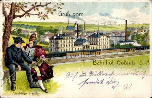 Litho Gößnitz in Thüringen, Altenburger Trachten, Bahnhof