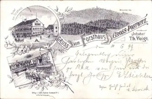 Litho Großpostwitz in Sachsen, Gasthof zum Forsthaus, Berg, Wald