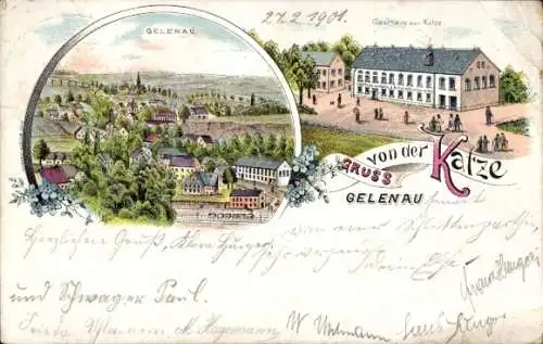 Litho Gelenau im Erzgebirge, Stadt, Gasthof zur Katze