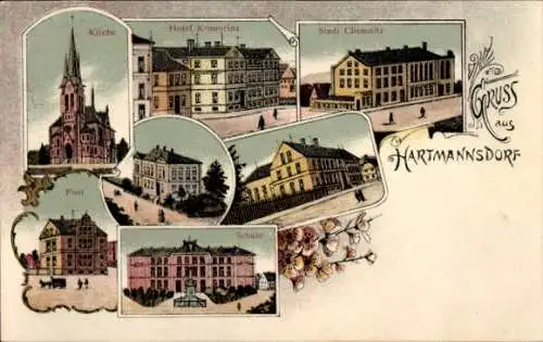 Litho Hartmannsdorf im Kreis Mittelsachsen, Hotel Kronprinz, Kirche, Post, Schule