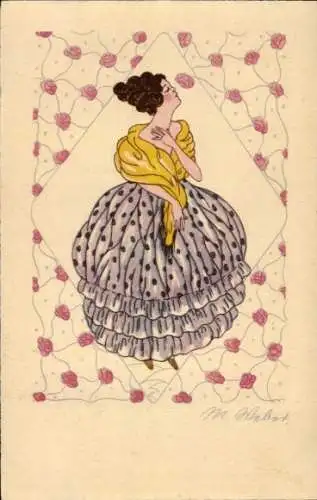 Künstler Ak Weber, M., Gemaltes Frau-Porträt, Kleid, Blumen