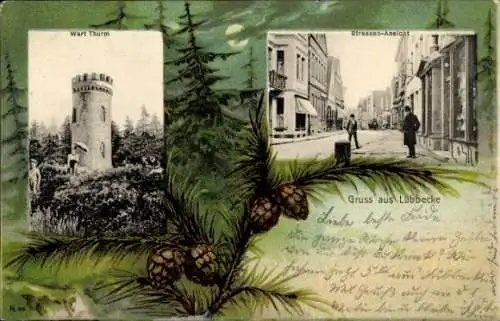Passepartout Ak Lübbecke in Westfalen, Straßenansicht, Wartturm, Wald bei Nacht