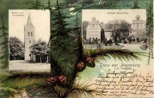 Passepartout Ak Meyenburg in der Prignitz, Schloss, Kirchturm, Wald, Nacht