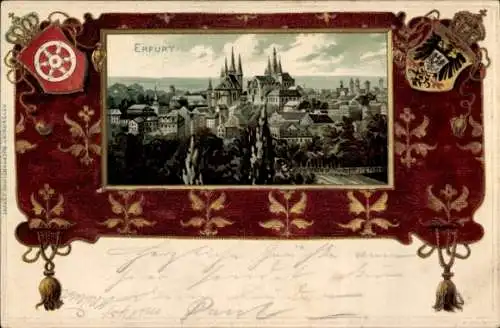 Präge Passepartout Ak Erfurt in Thüringen, Gesamtansicht, Wappen