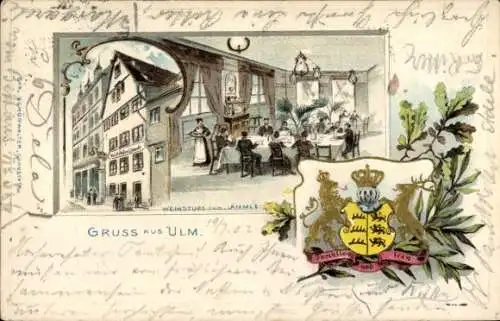 Präge Wappen Passepartout Litho Ulm an der Donau, Weinstube zum Länmmle