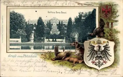 Präge Wappen Passepartout Ak Potsdam, Schloss Sanssouci, Jagdhund mit Beute
