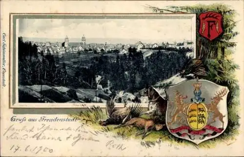 Präge Wappen Passepartout Ak Freudenstadt im Schwarzwald, Totale, Jagdhund mit Beute