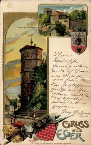 Präge Wappen Passepartout Künstler Ak Cheb Eger Region Karlsbad, Turm am Mühltor, Kaiserburg