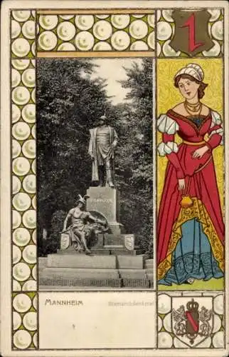 Präge Wappen Passepartout Ak Mannheim in Baden, Bismarckdenkmal