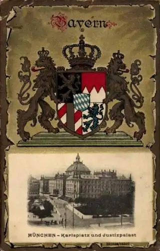 Präge Wappen Passepartout Ak München, Karlsplatz mit Justizpalast