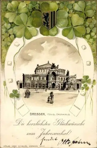 Passepartout Litho Dresden Altstadt, Königliches Opernhaus, Kleeblätter, Hufeisen, Wappen, Neujahr